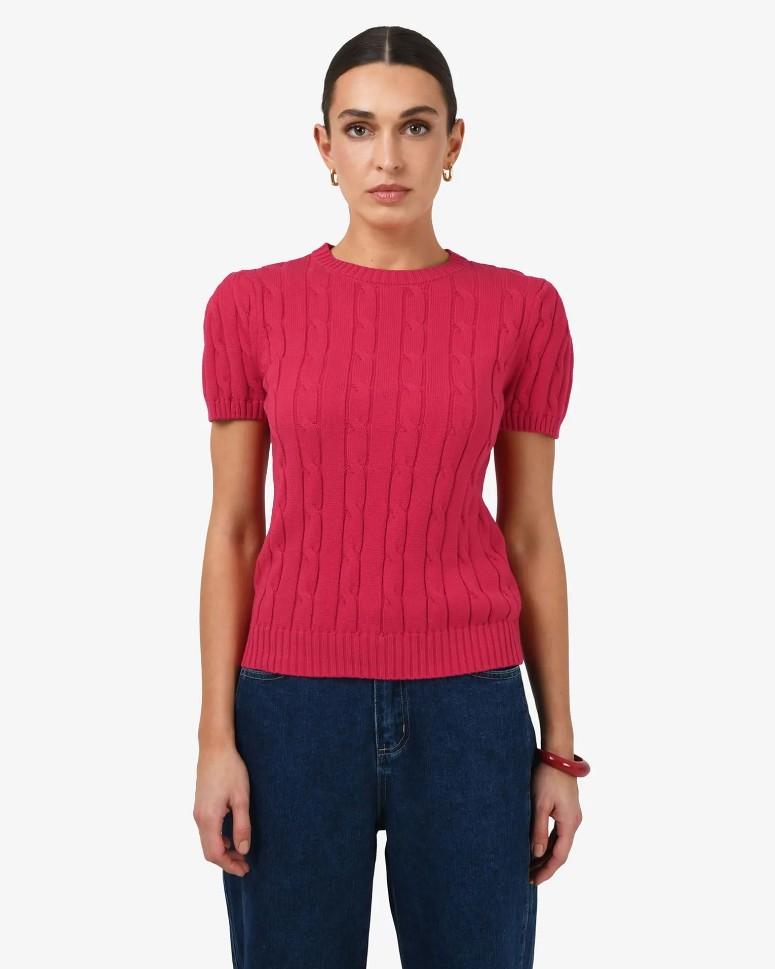 Berry Puff Sleeve Cable Knit